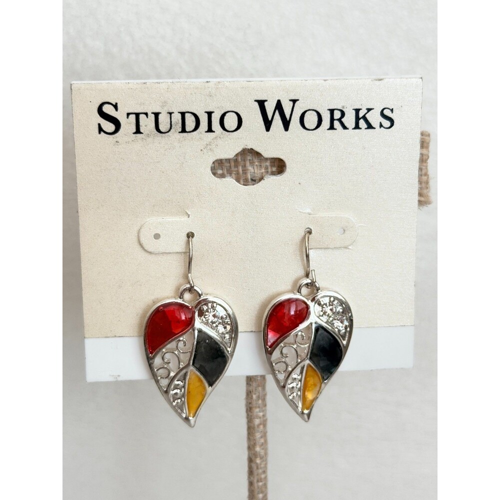 Studio Works Silver Tone Leaf Dangle Earrings Multicolor Enamel Rhinestones NWT